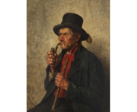 Hugo Kauffmann     1844 Hamburg - 1915 Prien am Chiemsee Alter Bauer mit Pfeife. 1886. Öl auf Holz.  Am linken Rand unten sig