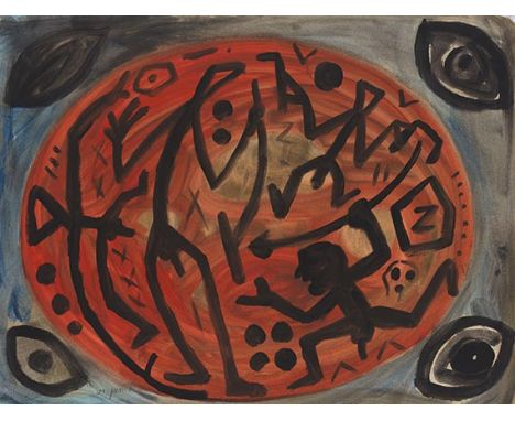 A. R. Penck (d.i. Ralf Winkler)     1939 Dresden - 2017 Zürich Future World. 1996. Gouache.  Links unten signiert. Auf Velin 