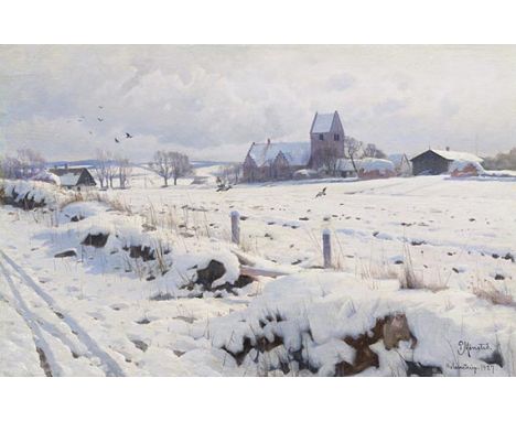 Peder (Peder Mørk Mønsted) Mönsted     1859 Grenaa - 1941 Fredensborg Winterlandschaft (Holmstrup). 1927. Öl auf Leinwand.  R