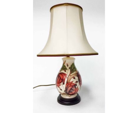 MODERN MOORCROFT TABLE LAMP BASE decorated with tube-lined roses predominantly in pink and purple with green leaves, on a cre