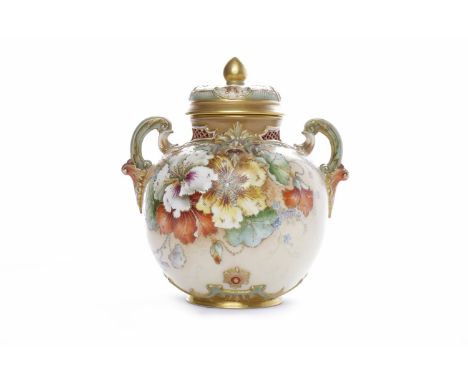 ROYAL WORCESTER BLUSH IVORY POT POURRI AND COVERwith pierced and moulded twin handles and decorated with stylised floral moti