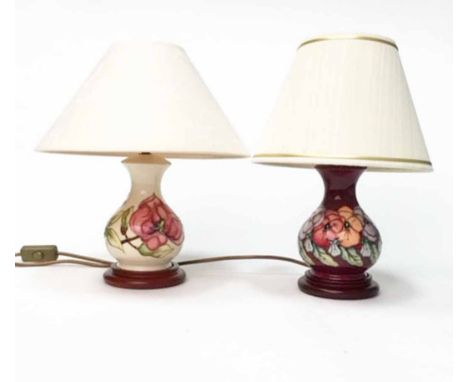 MODERN MOORCROFT SQUAT TABLE LAMP BASEdecorated with tube-lined flowers in predominantly pink with green leaves, on a cream g