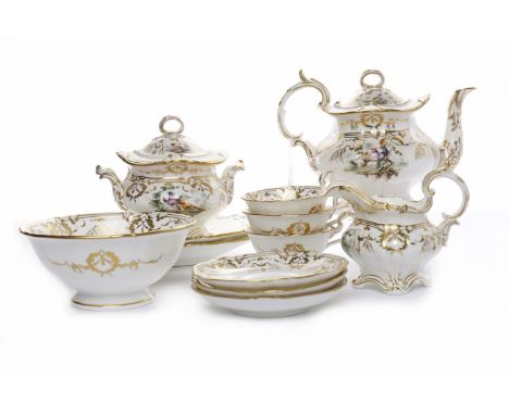 19TH CENTURY TEA SERVICE OF ROCKINGHAM DESIGN to comprise a teapot, cream jug, larger sugar bowl with lid, open bowl, two cak