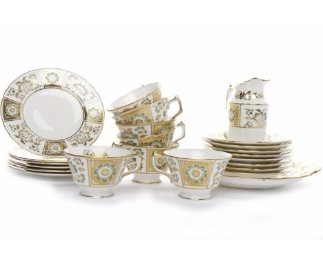 ROYAL CROWN DERBY 'GREEN DERBY PANEL' PART TEA SERVICE comprising seven cups, eight saucers, six other saucers, cake plate an