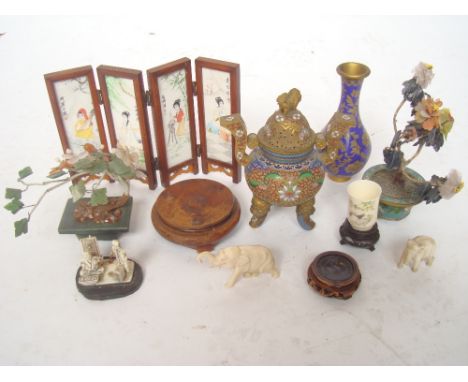 A mixed lot.  A Chinese champleve censor and cover on hardwood stand, cloisonne baluster vase, a jadeite tree in cloisonne pl