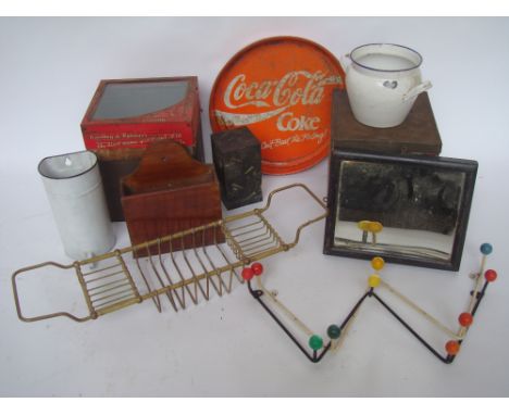 A mixed lot, two 1950's Atomic coloured ball coat racks, a brass bath tray, biscuit tins, a coca cola tray, a concave shaving