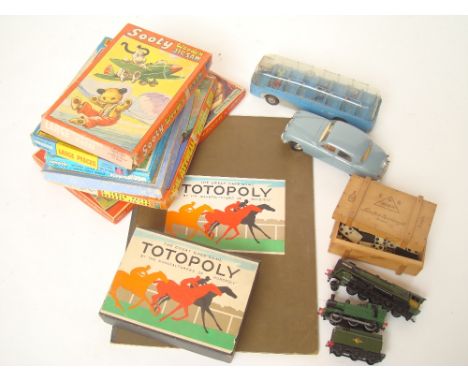Totopoly the great race, a Mettoy Coach, British Railways 7118 engine, green livery, Triang Minic Jaguar, battery operated, t