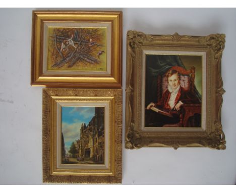 Flemish style street scene, oil on board signed J. Koerten, a pointer flushing partridges, oil on board signed W. C. Kleyn an