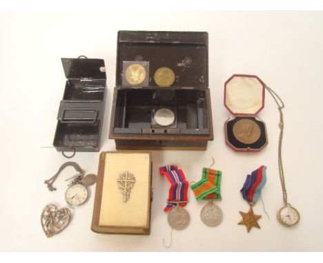 WWII medal group, bronze 1931 Wiener Akademische Mozart medallion cased, cased gilt metal and enamel collar studs, a japanned