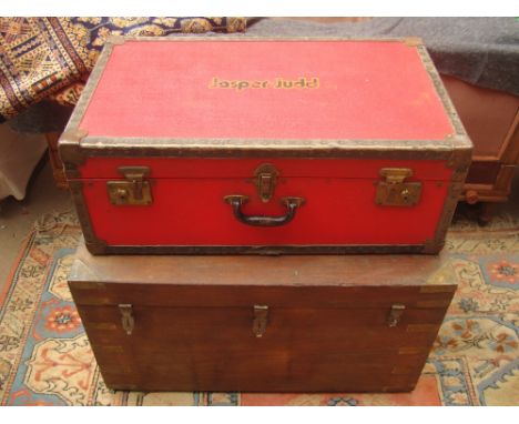 Brass bound teak packing trunk and another trunk