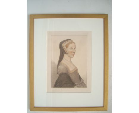 After Hans Holbein. A portrait of a lady, engraved by Bartolozzi. A coloured stipple engraving. Published December 10th 1799.