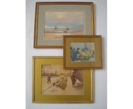 19th Century British.  A Flower Seller, watercolour, initialled M. G. B, 19th Century marine watercolour and a 19th Century p