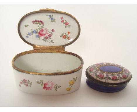 An early 19th Century Staffordshire enamel oval patch box, the lid painted with a central blue oval with the legend 'Esteem T