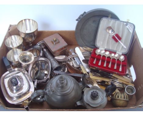 A mixed quantity of EPNS and other metalware, comprising three piece tea service, 19th Century pewter dish warmer, goblets, s
