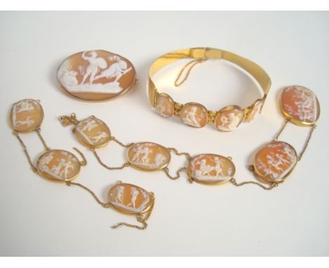 A suite of 19th Century shell cameo yellow metal mounted jewellery comprising hinged bangle, necklace a/f and a brooch (3).  