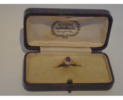 A ruby and diamond cluster ring, the central ruby set within a surround of nine diamonds, on 18ct yellow gold band, ring size