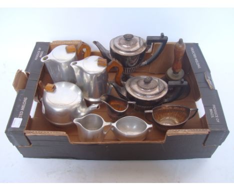 A Picquot ware five piece tea and coffee set, an EPBM four piece tea and coffee set and bronze hand bell. 