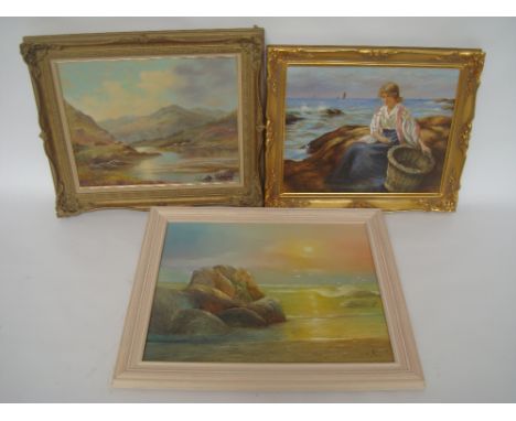A highland view, oil on canvas signed Jean Purdy, an oil on canvas seascape and another depicting a seated fisherwoman with a