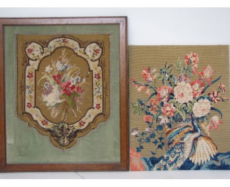 A Victorian tapestry and beadwork panel mounted with velvet border and in oak frame together with a modern French tapestry pa
