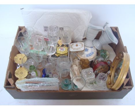 A mixed lot.  Comprising a Sevres style yellow ground trinket box, Limoge trinket box, a pair of satsuma miniature vases, sma