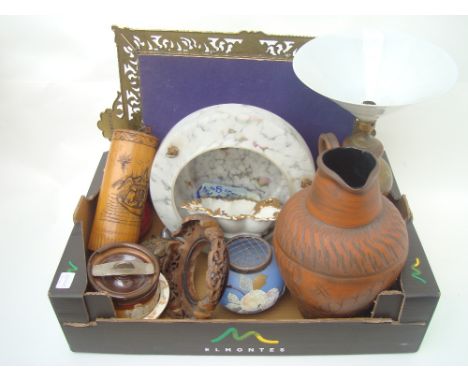 A mixed lot, comprising Royal Doulton tobacco jar a/f, Art Deco ceiling ,light, Chinese carved hardwood stand, a pierced bras
