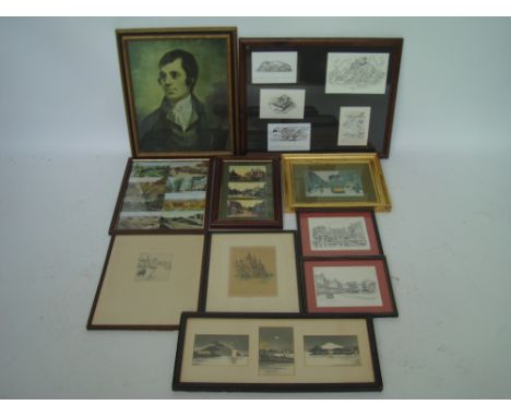 A mixed quantity of pictures, an etching, signed Malcom Patterson, Edwardian Tunbridge Wells colour photographs framed etc.  