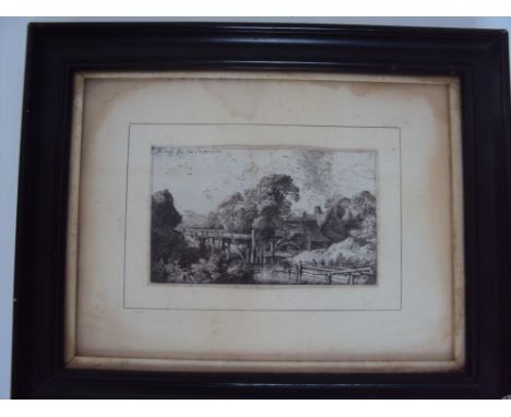 An 18th Century continental etching, possibly Bohemian, landscape with watermill, signature indistinct, dated 1742, 14 x 8.5c