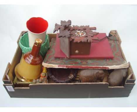 A mixed lot, comprising Sylvac planter, Wade Bells whiskey decanter, Black Forest wall clock, records etc.