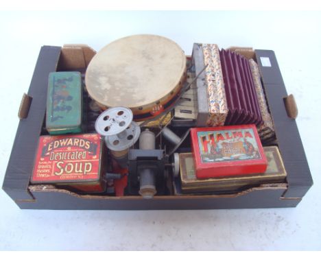 An electra miner childs tinplate accordion, a wooden xylophone, a tamborine, etc. 