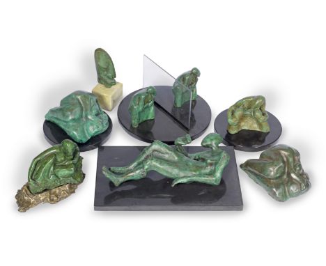 Stella Shawzin (South African, 1920-2020)Reclined woman bronze with green patina, with accompanying bronze base 13 x 16 x 9cm