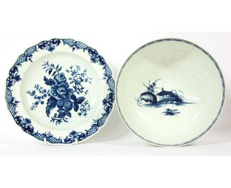 A Worcester 'Precipice' pattern bowl, c.1760-65, painted in underglaze blue with houses, the interior with a lozenge border, 