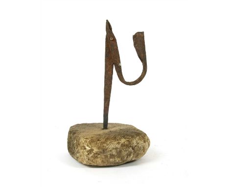 A wrought iron rush light, 18th century, on a possibly later base, 26.5cm high