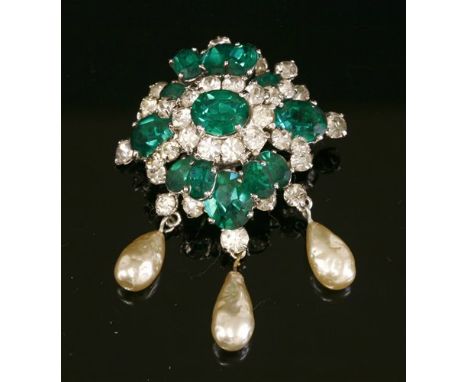 A Christian Dior by Mitchel Maer green and white paste and simulated pearl brooch, c.1950, a central cluster of green and whi