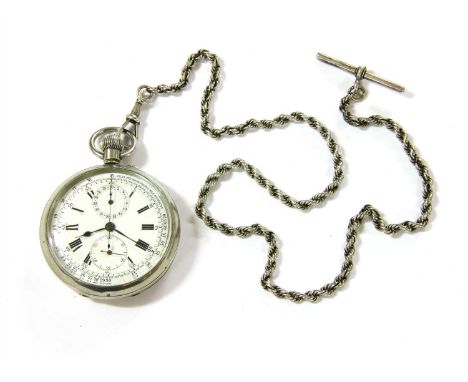 A white metal open faced top wind chronograph pocket watch , 52mm diameter, miles per hour from 1/4 mile distances on a swive