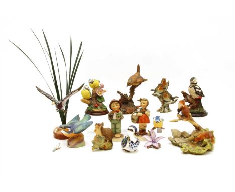 A Crown Derby duck, a Royal Worcester kingfisher, Hummel figures and a collection of Aynsley bird models and similar