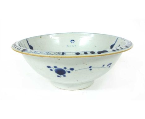 A 19th century Chinese blue and white basin with houses in a landscape center , 29cm diameter, and a famile rose bowl with fo
