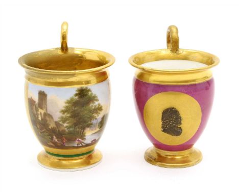 A 19th Century porcelain cup , having scroll handle, green ground and hand painted with a landscape scene, together with simi