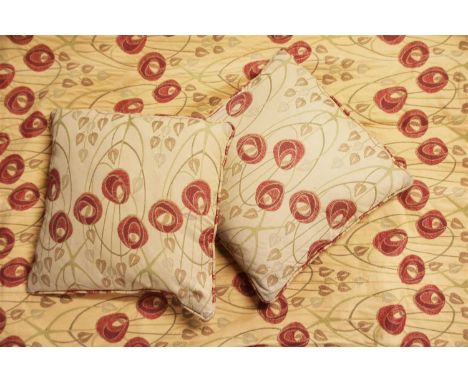 Two pairs of curtains, with embroidered Mackintosh style Glasgow roses in red, on a yellow ground, together with four cushion