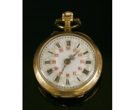 A French two colour diamond set, top wind, fob watch, 27mm diameter, with a white enamel dial, black Roman numerals and red A