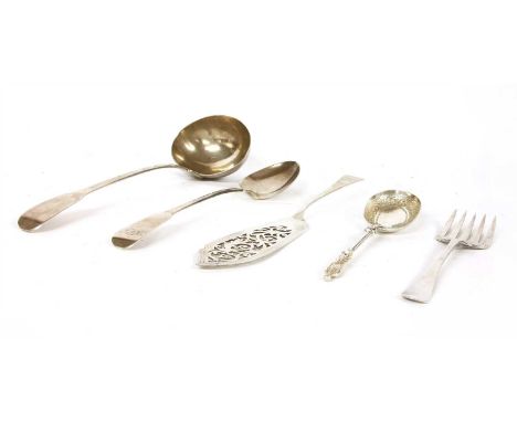 A George III silver soup ladle, London 1806, together with a George III silver serving spoon, London 1809, a Victorian silver