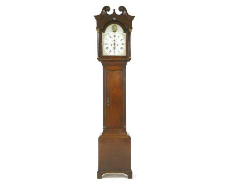 A George III oak longcase clock, with an arched painted dial marked 'JAs Hinkfman B'North', surmounted with an oval panel of 