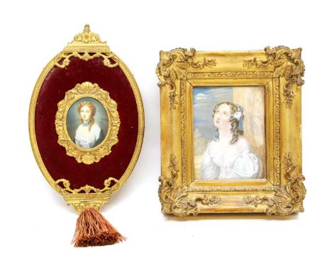 A 19th century portrait miniature on ivory, depicting a lady with blue bow, in gilt frame, signed Pat, 6.5cm x 5cm, together 