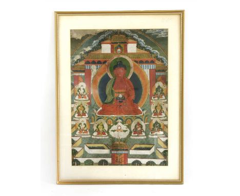 A Tibetan Thanka panel, depicting Buddha seated in a temple, surrounded by eight deities, oil on canvas, 33 x 47cm