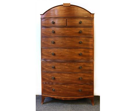 A George III mahogany bow front chest on chest , 110cm wide x 58cm deep x 209cm high