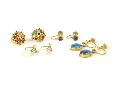 A pair of Thai Princess style gemstone earrings, with fold down posts, a pair of single stone cultured pearl clip on earrings