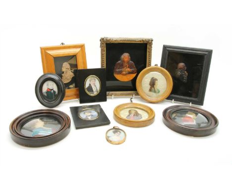 A collection of wax portrait busts, all framed and glazed, to include Admiral Lord Hood, Nelson etc, together with three port