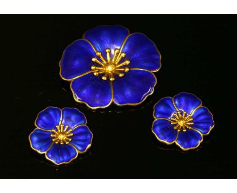 A Danish sterling silver and enamel dog rose brooch and earring suite, c.1960, Dansk Guldsmede of Copenhagen, 1964-1973, the 