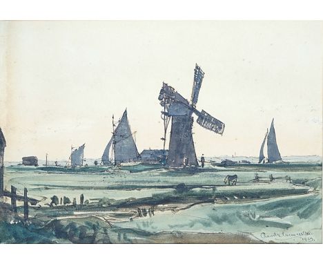 CLAUDE GRAHAM MUNCASTER (BRITISH, 1903-1974) (3)Windmill and yachts on the Broadssigned and dated 'Claude Muncaster 1929' (lo