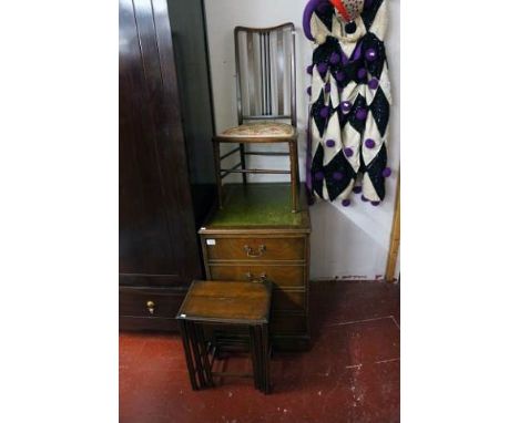 Mahogany filing cabinet, nest of 3 oak tables & Art Nouveau chair