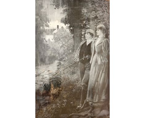 Lucien Davis, portrait of a man and woman by a river, oil on card, framed